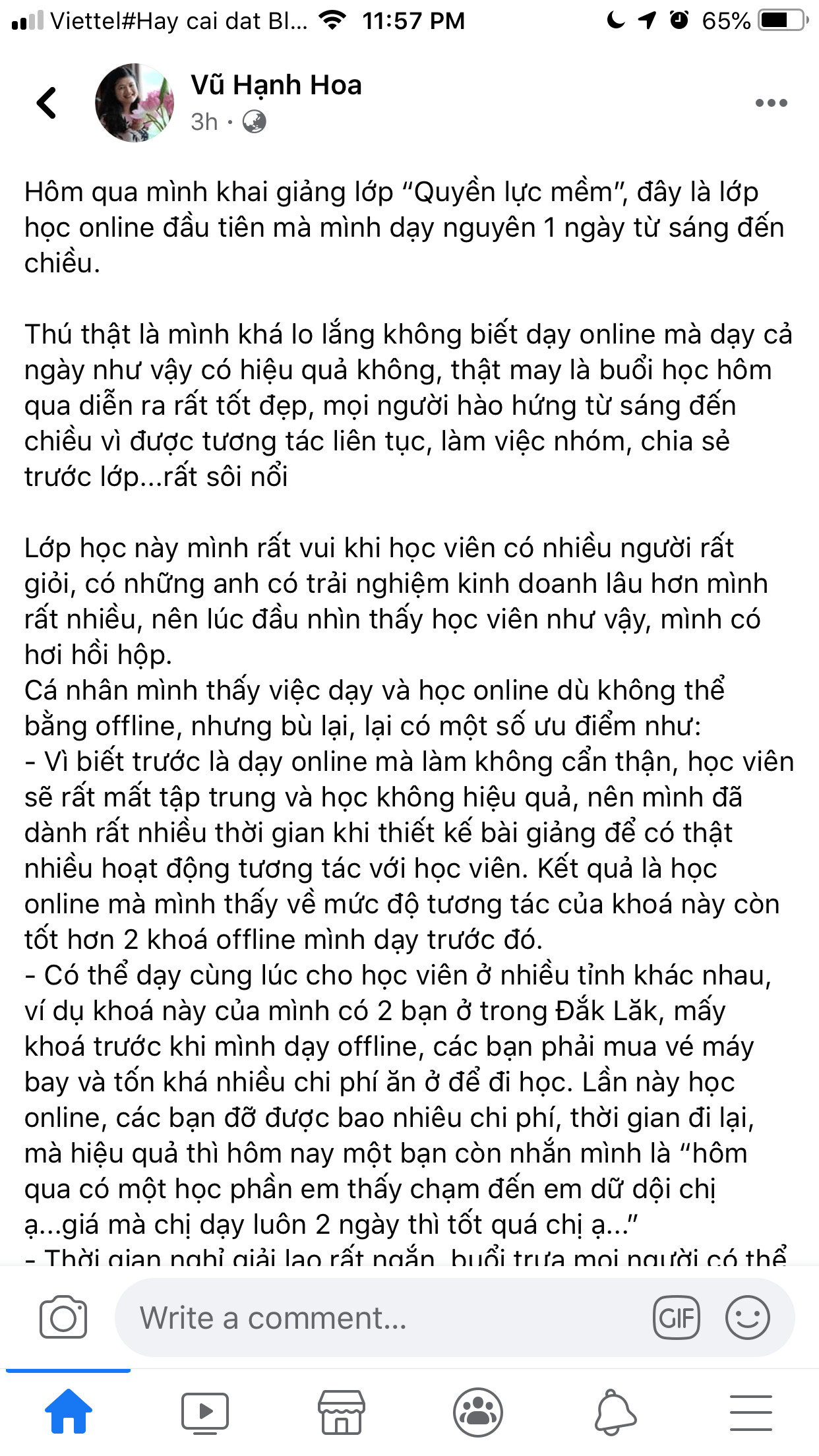 Bài viết được đăng trên facebook cá nhân của giảng viên Vũ Hạnh Hoa HRP Vietnam. Lớp học “Quyền lực mềm” - Vũ Hạnh Hoa HRP được tổ chức qua Zoom