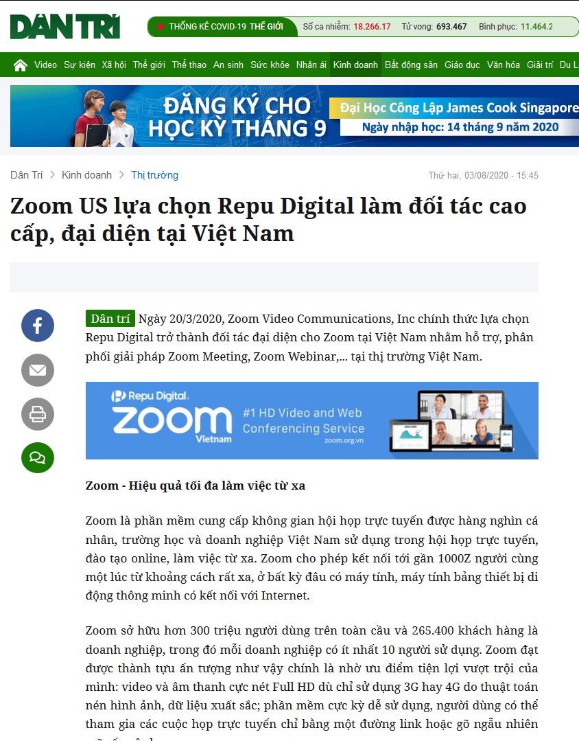 Báo Dân Trí đưa tin Zoom US lựa chọn Repu Digital làm đối tác cao cấp, đại diện Zoom tại Việt Nam