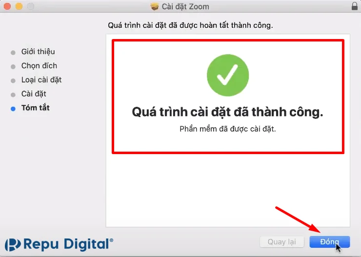 quá trình cài đặt Zoom hoàn thành