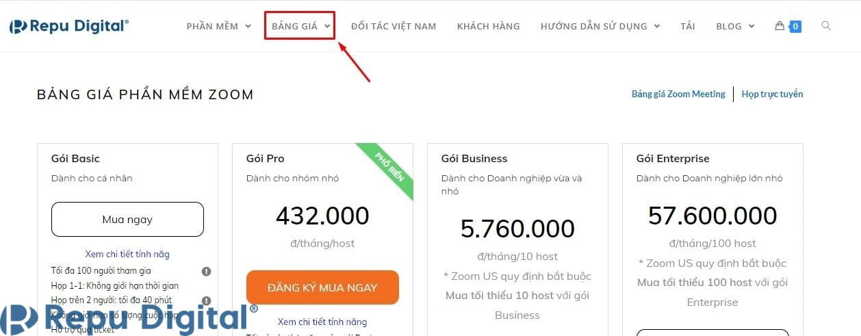bảng giá zoom
