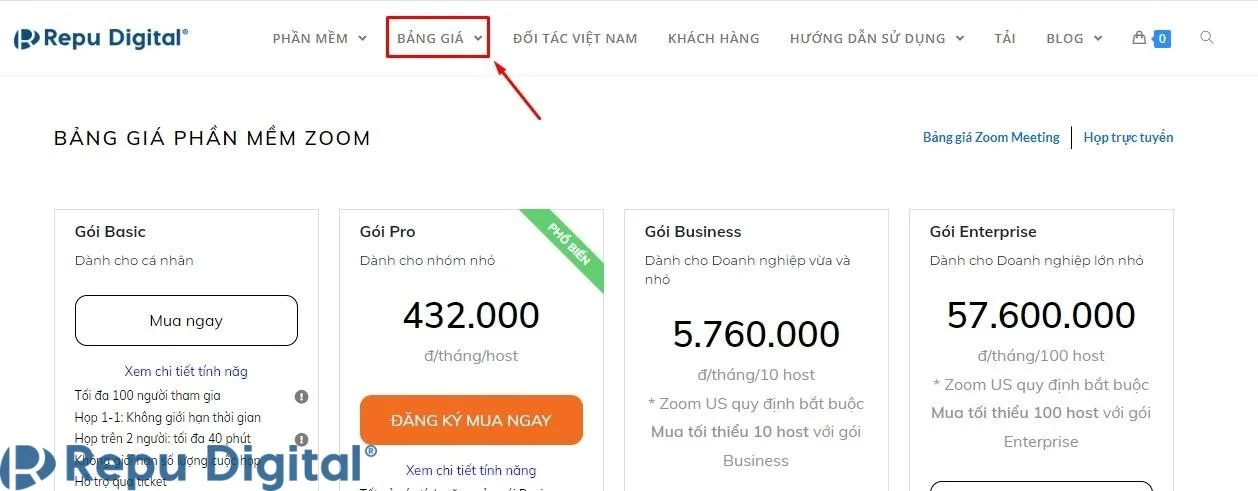 bảng giá zoom